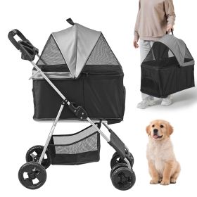 Pet Stroller, 4 Wheels Dog Stroller Rotate with Brakes, 35lbs Weight Capacity, Puppy Stroller with Detachable Carrier, Storage Basket and Cup Holder,